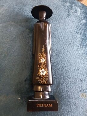 Vietnam Carved Black Wooden Figurine with Gold Floral Inlay